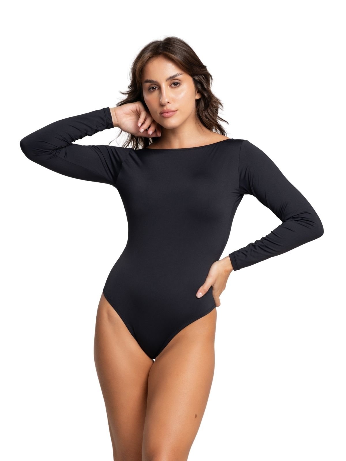 Body Feminino Manga Longa Decote Costas Abertas Nua Microfibra Sem Bojo Segunda Pele Preto