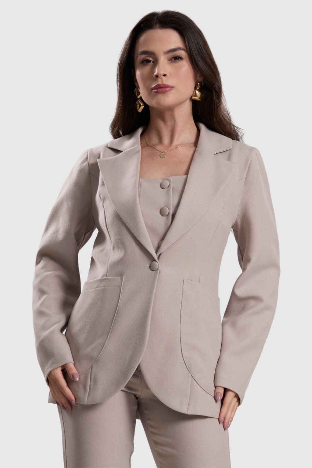 Blazer Feminino Amora Café Alongado Bege