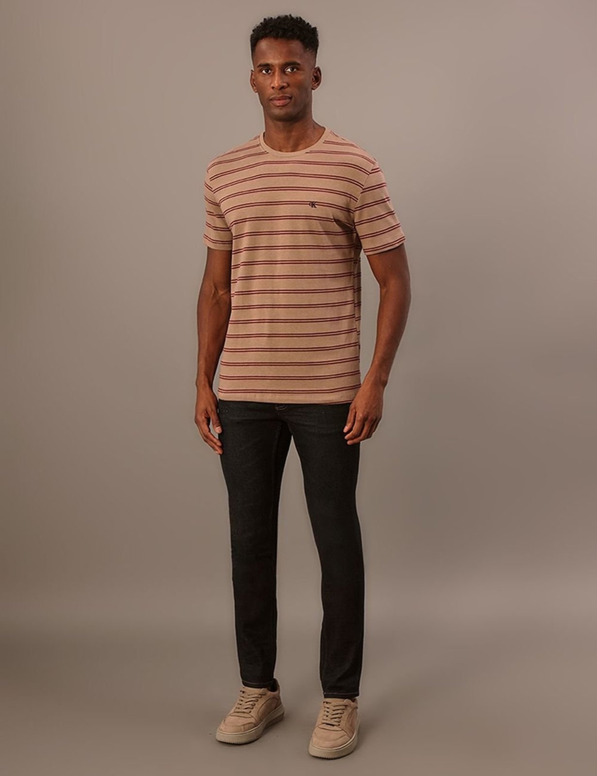 Camiseta Manga Curta Calvin Klein Jeans Masculino Malhão Listrado - Caqui Medio Calvin Klein Jeans