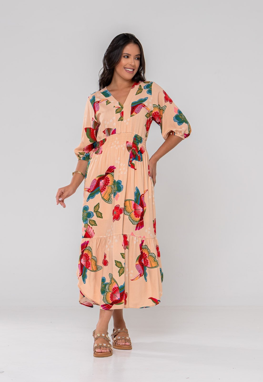 Vestido Aura Joana Pássaros Sintonia Bege