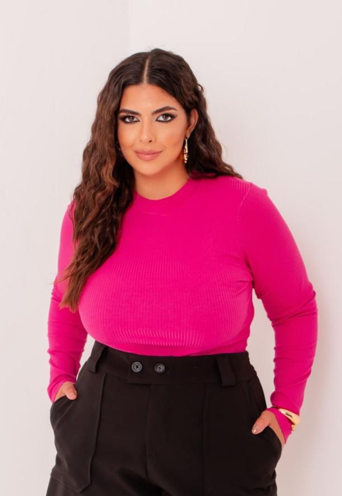 Blusa Plus Size Cacharrel em Ribana Manga Longa Pink