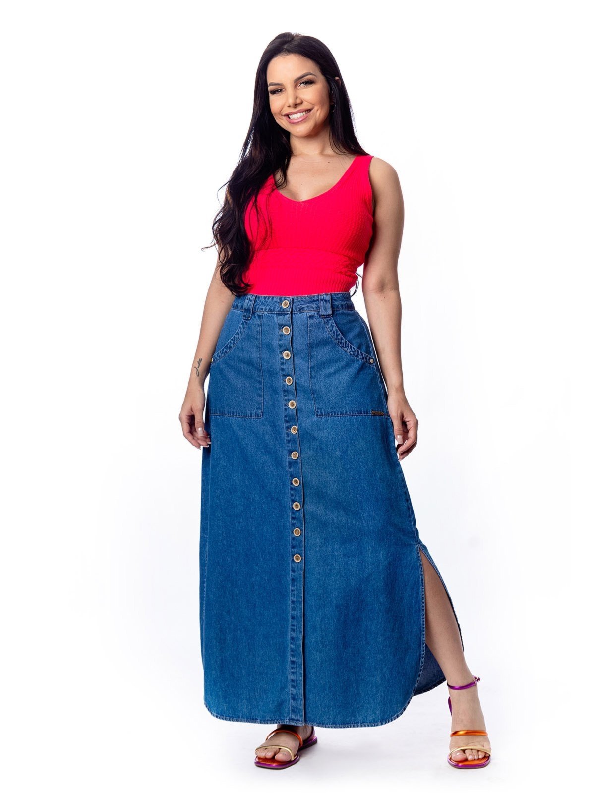 Saia Longa Restrito Jeans Com Elástico e Fenda – AZUL MÉDIO
