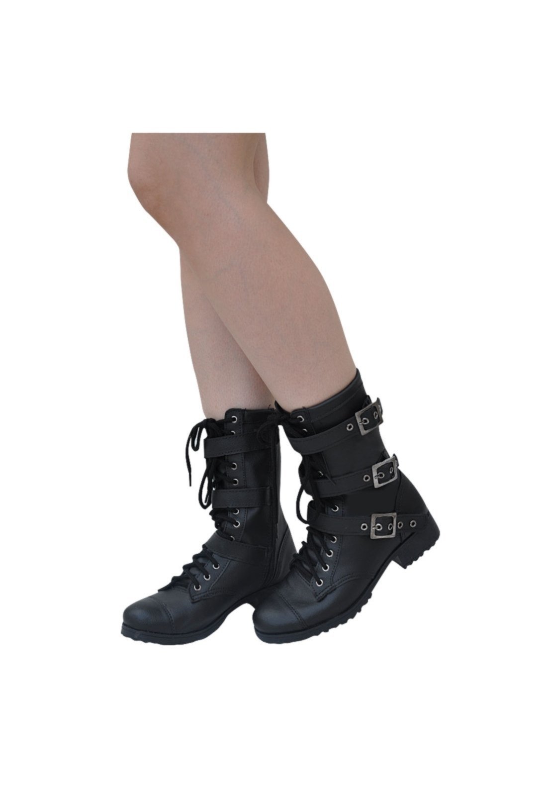 Bota Coturno Feminino Cano Médio Moda Pé Punk Rock Estilo Militar 3 Fivelas Cor Preta