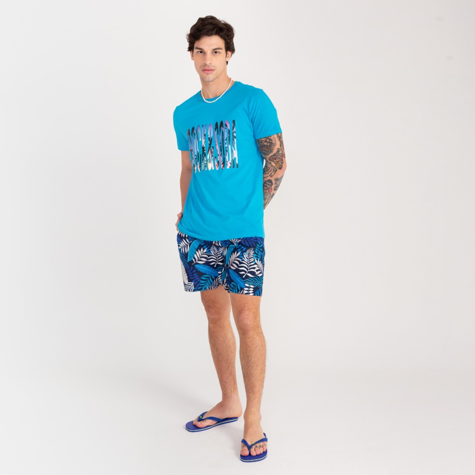 Bermuda Estampada Rock e Soda Masculina Elástico Praia Verão Azul