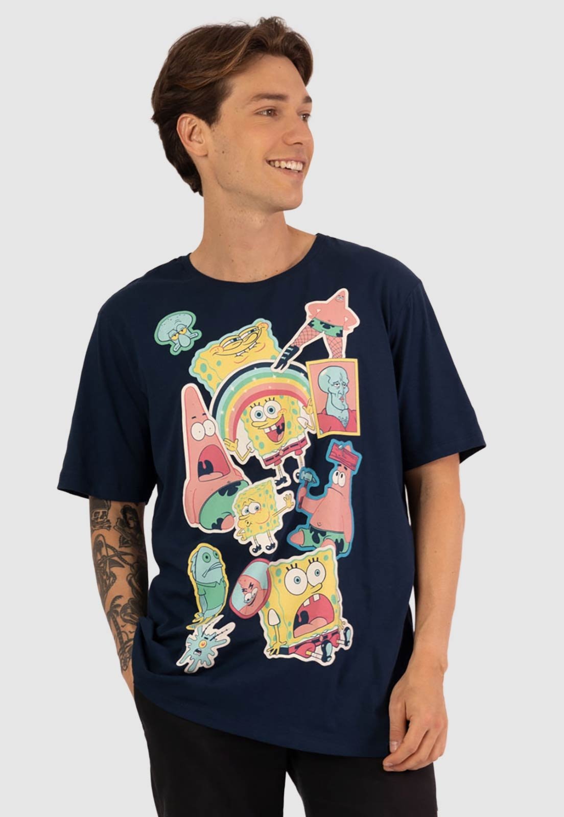 Camiseta Piticas Bob Esponja Personagens Stickers Memes Azul Petróleo