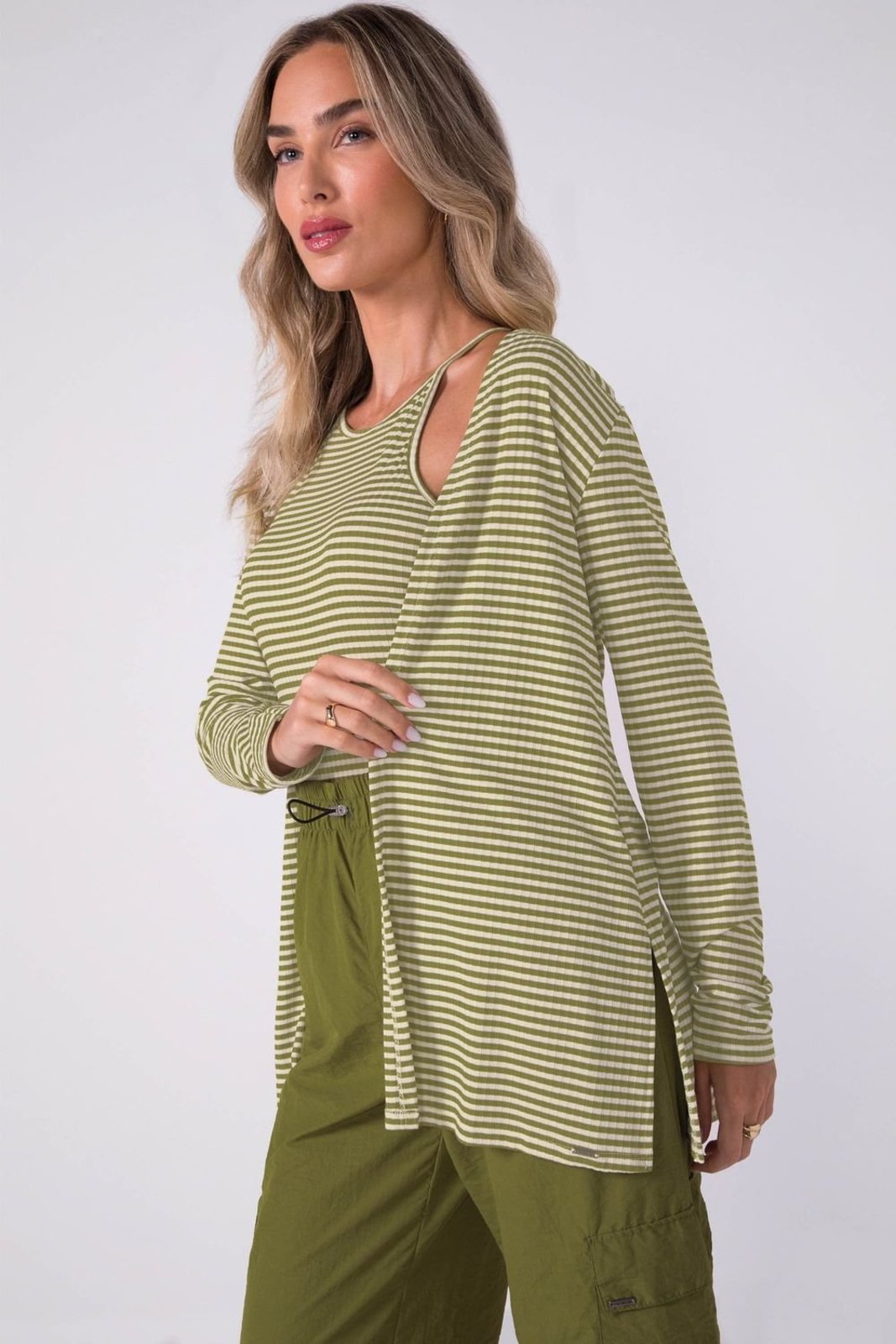 Conjunto Feminino Cardigan e Regata Listrado Marialícia Verde