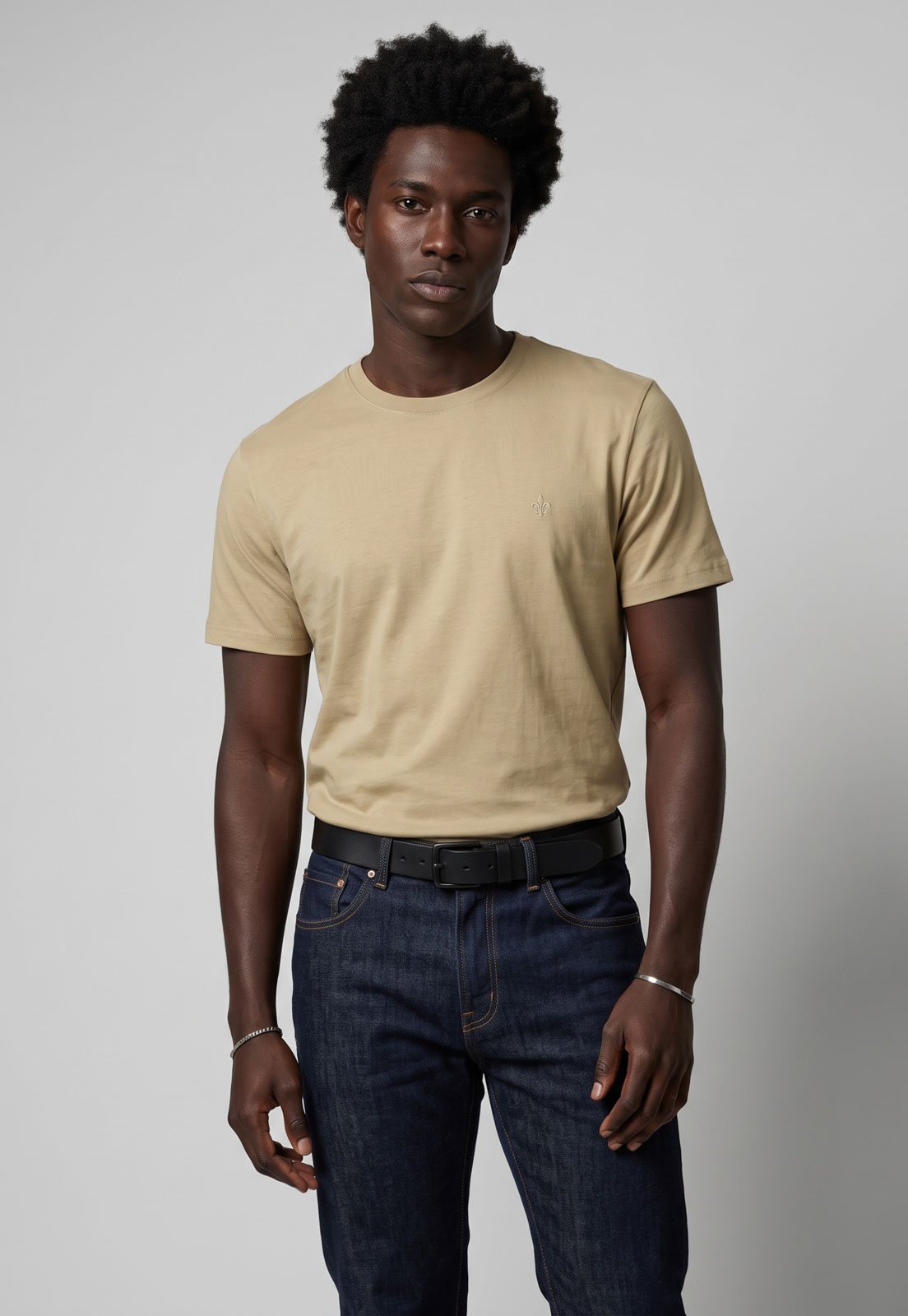 Camiseta Masculina Dudalina Regular Gola Redonda Bege