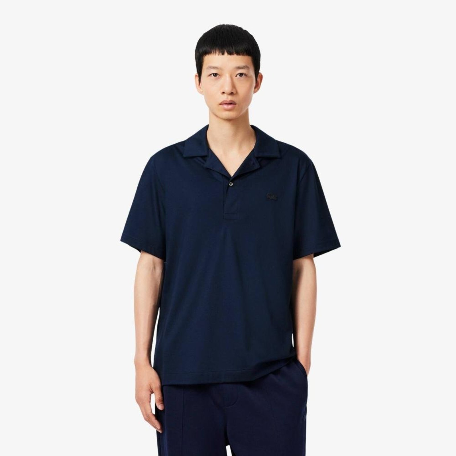 Camisa Polo Lacoste Bordada Paris Classic Fit de Gola Aberta Azul