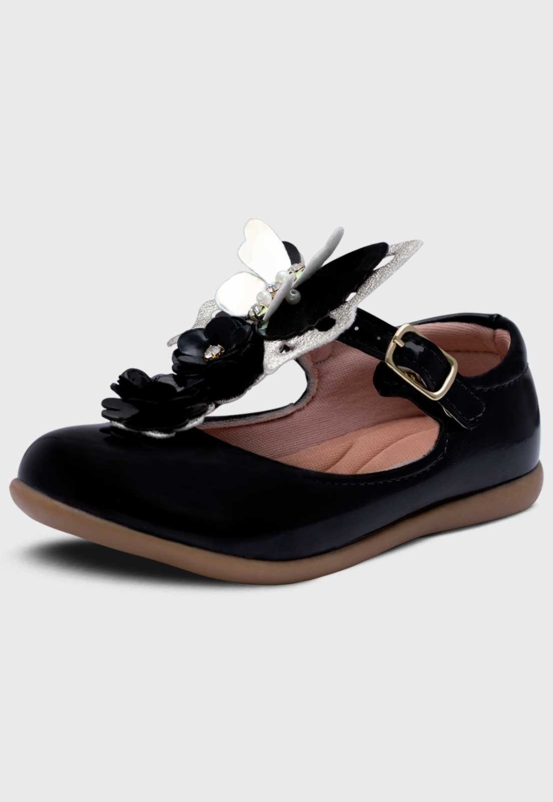 Infantil – Sapatilha Salomé Pópidi Menina Borboleta Flores Preto