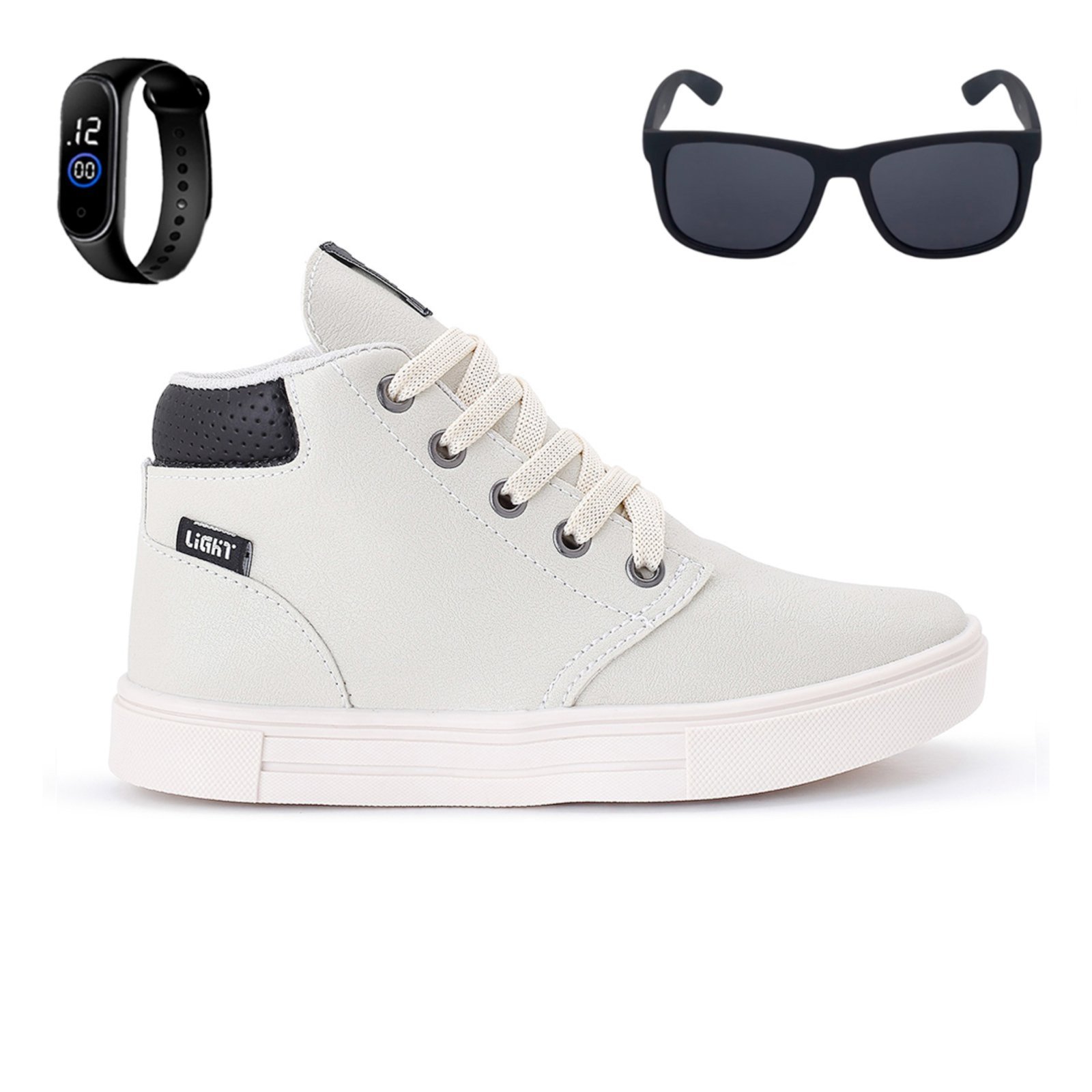 Infantil – Tenis Botinha Meninos Casual Cano Alto Confortavel + Oculos Relogio Bege