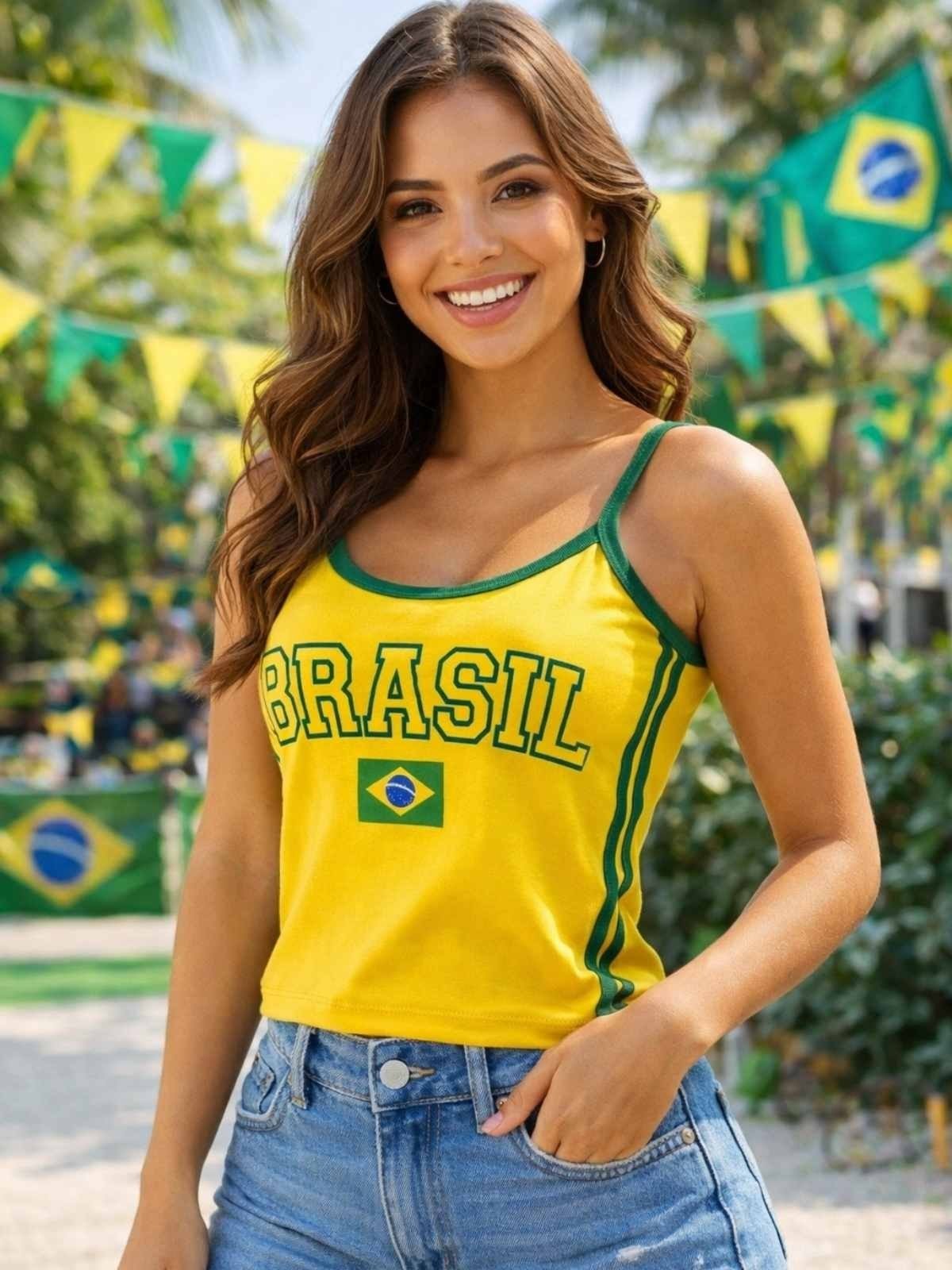 Top Feminino Blusa Regata Amarela Estampa Brasil Alça Fina Casual