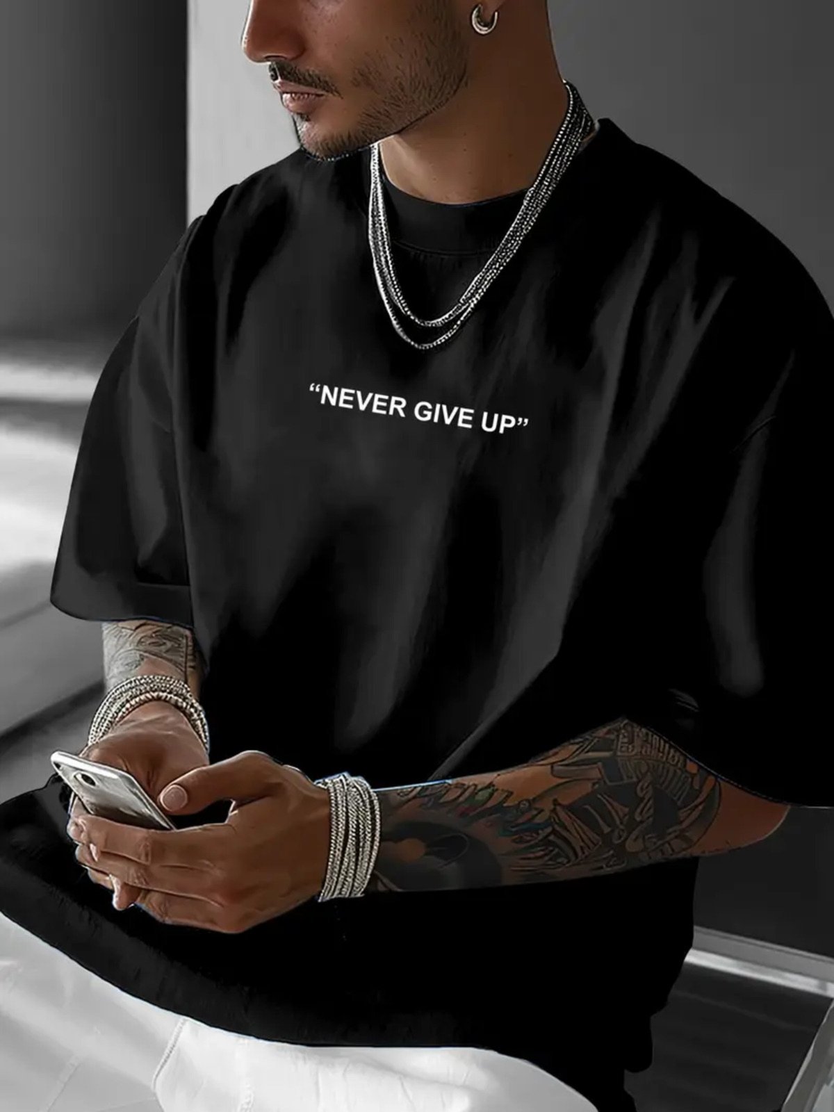 Camiseta Estampada Never Give Up Safira Moda Algodão Preta
