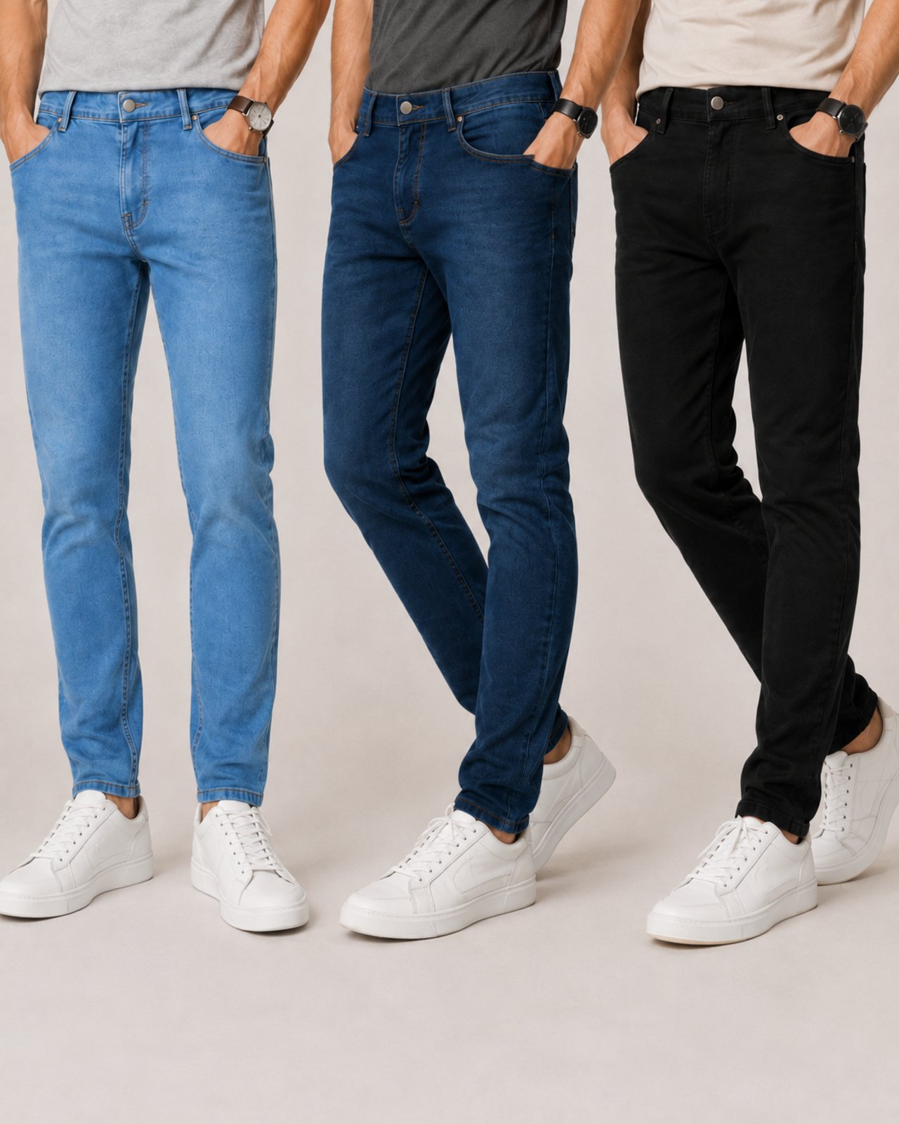 Kit 3 Calças Jeans Masculinas TEX JEANS Conforto Premium Delavê Azul Escura Preta