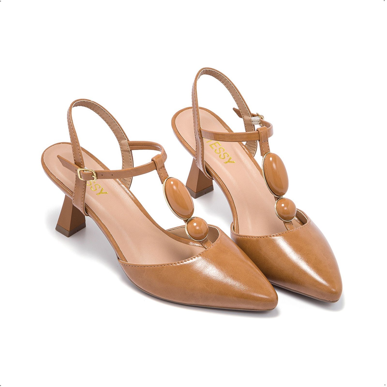 Vista 3 Scarpin Feminino Stessy Slingback Salto Baixo Taça Pedrarias Elegante Stessy Shoes caramelo Stessy Shoes caramelo