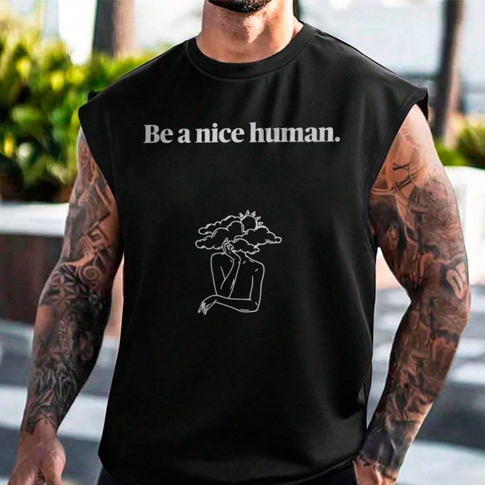 Camiseta Regata Machão Be A Nice Human Frase Minimal Preto