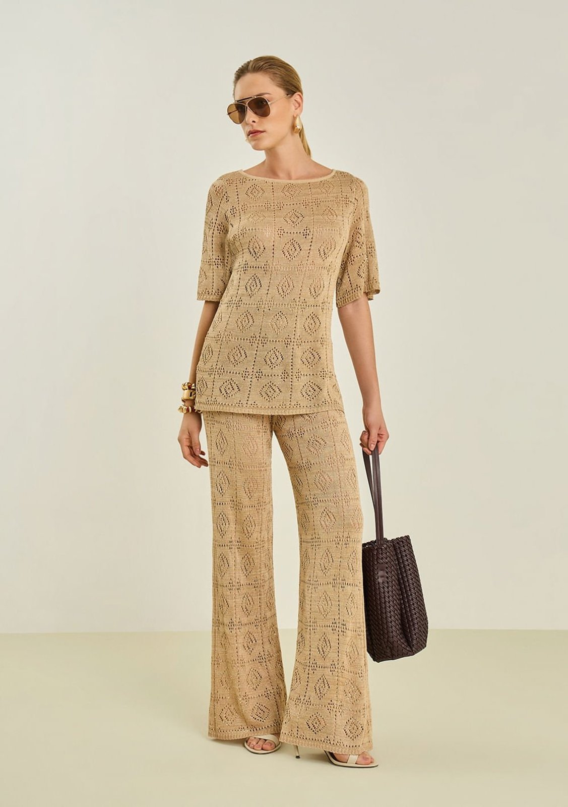 Calça Maria Valentina Flare Alta Dourado