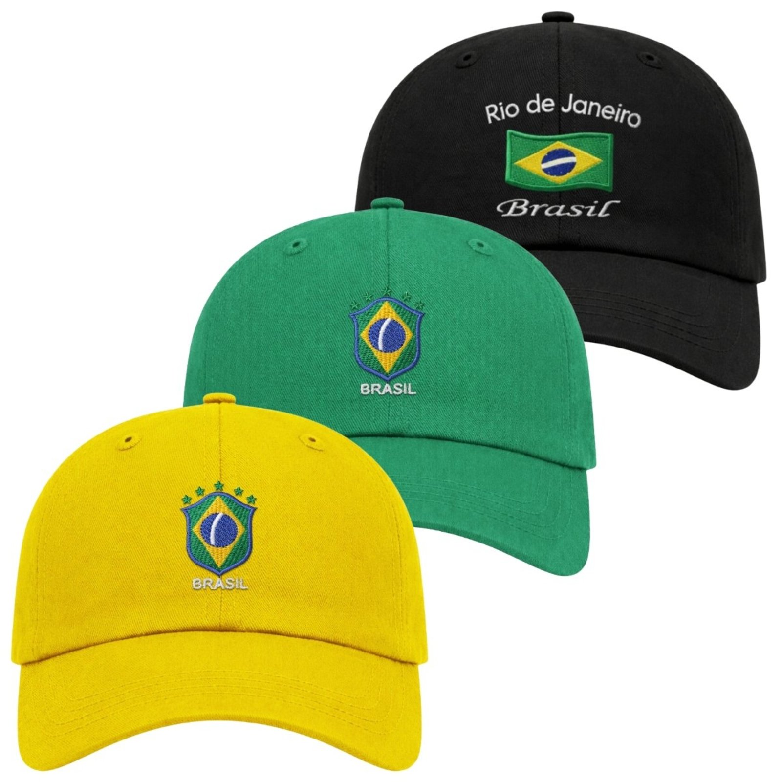 Kit 3 Bonés Aba Curva com Ajuste Moderno Confortável Brasil Bordado