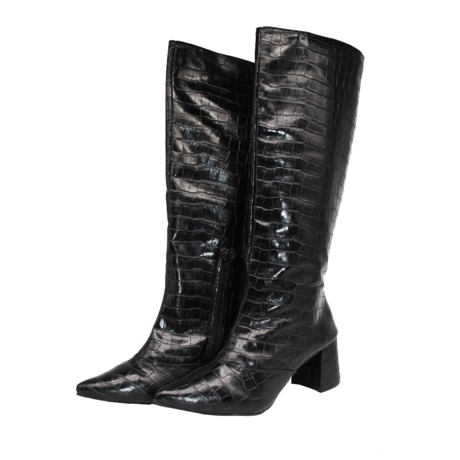 Bota Feminina Tendência Salto Bloco Bico Fino 190212 Craquelê Preto