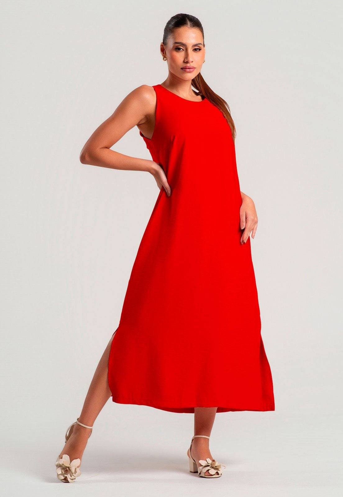 Vestido Midi Alfaiataria Marrant Regata Com Fendas e Bolsos Salvatore Vermelho