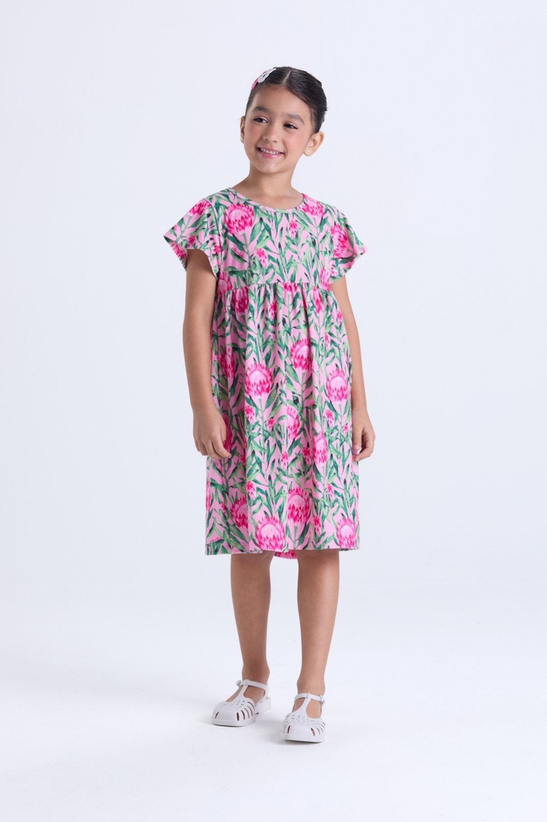 Vista 2 Infantil - Vestido Menina Floral Babado Poliplex VIDA COSTEIRA rosa