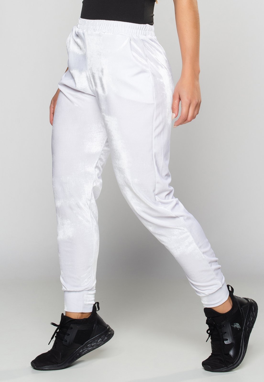 Calça Ribana Jogger MVB Modas Veludo Feminina Cintura Alta Branco