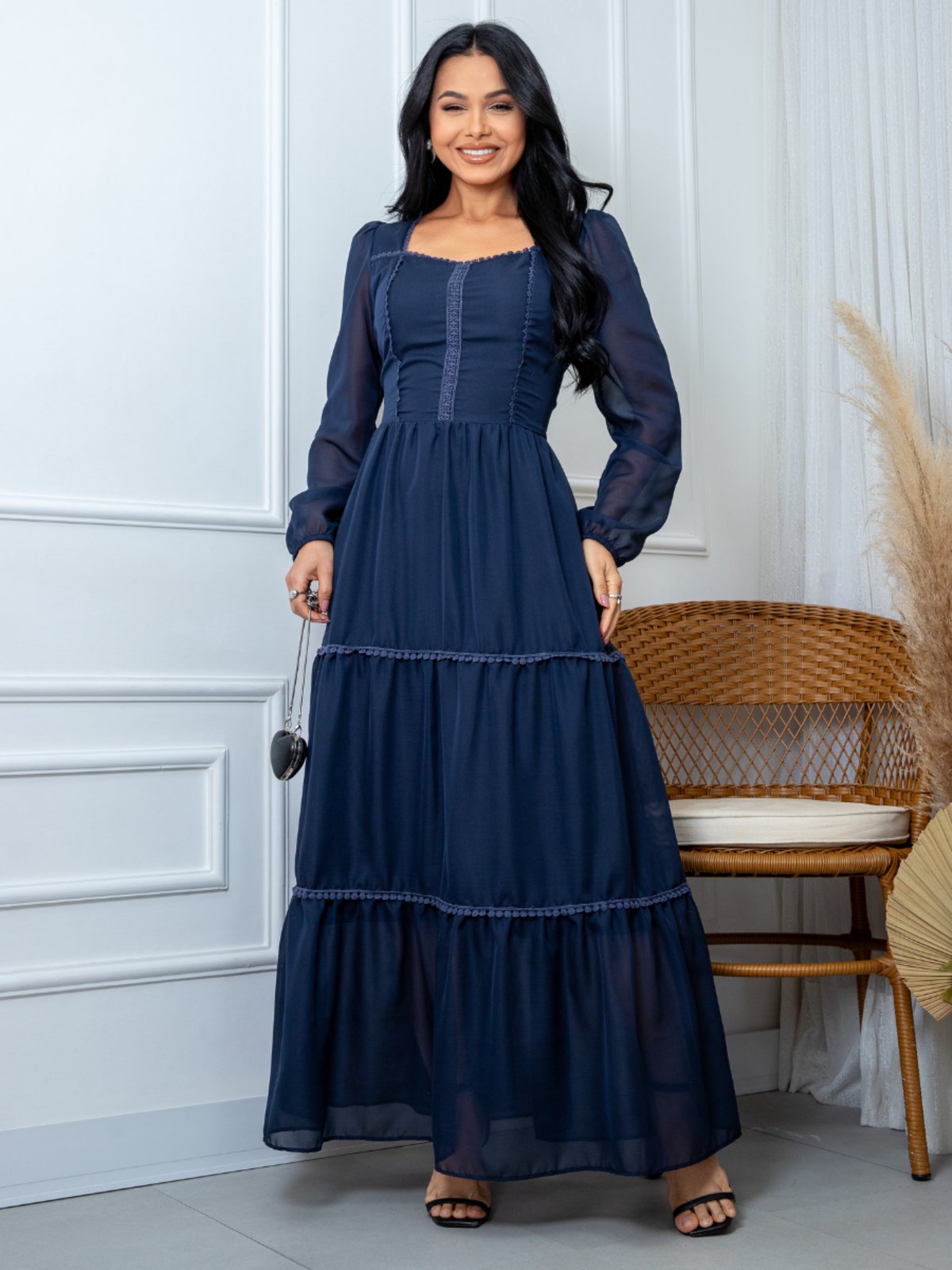 Vestido Longo Feminino Elegante Decote Quadrado Festa Convidada Manga Longa Azul Marinho
