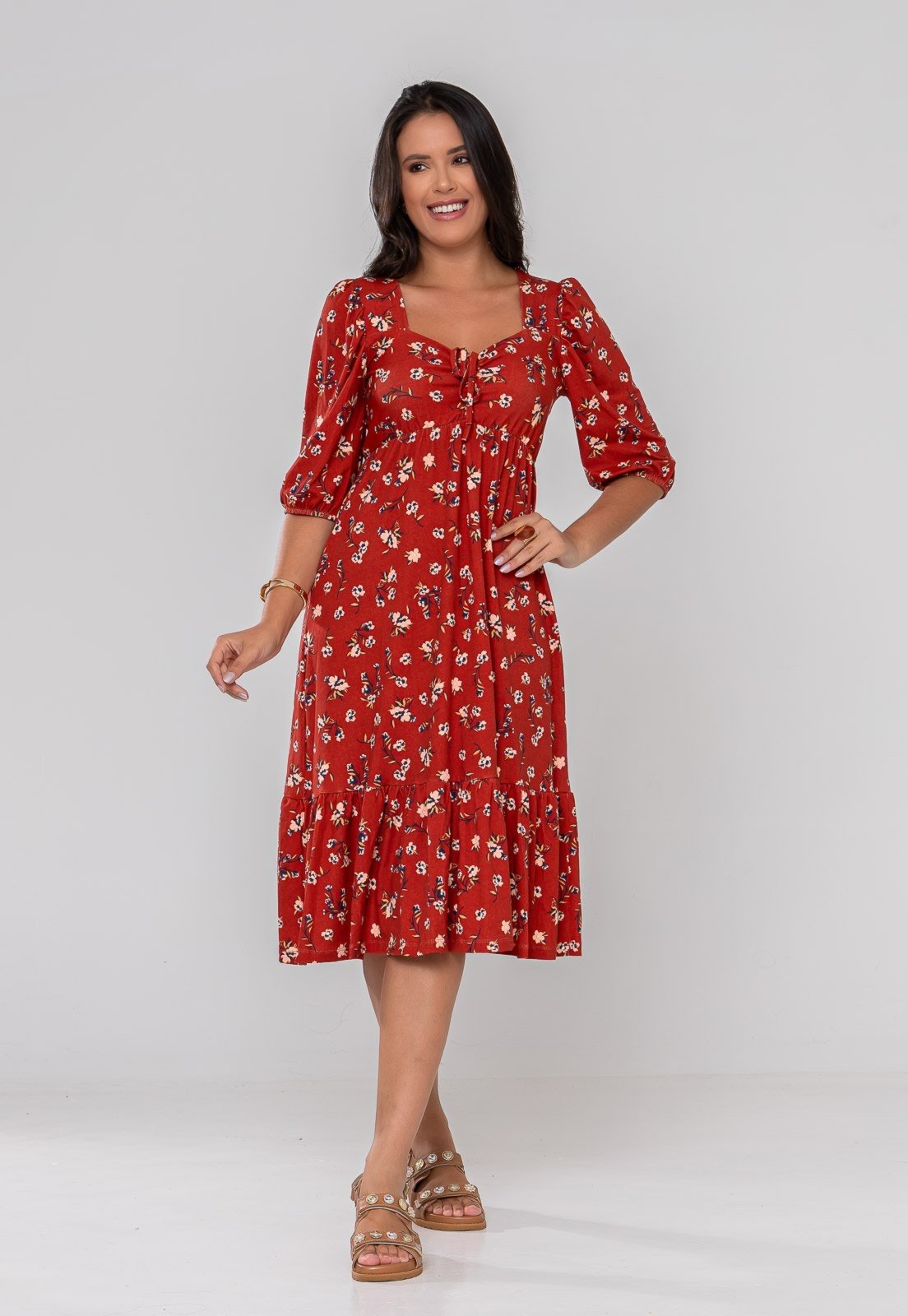 Vista 2 Vestido Aura Midi Catarina Floral Chic Terracota laranja Aura laranja