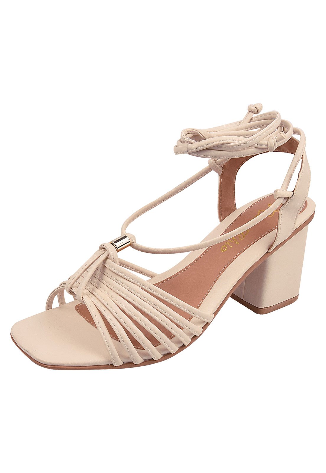 Sandália Salto Alto Grosso Bloco Bico Quadrado Gladiadora Moda Primavera Verão Tirinha Amarração Branca
