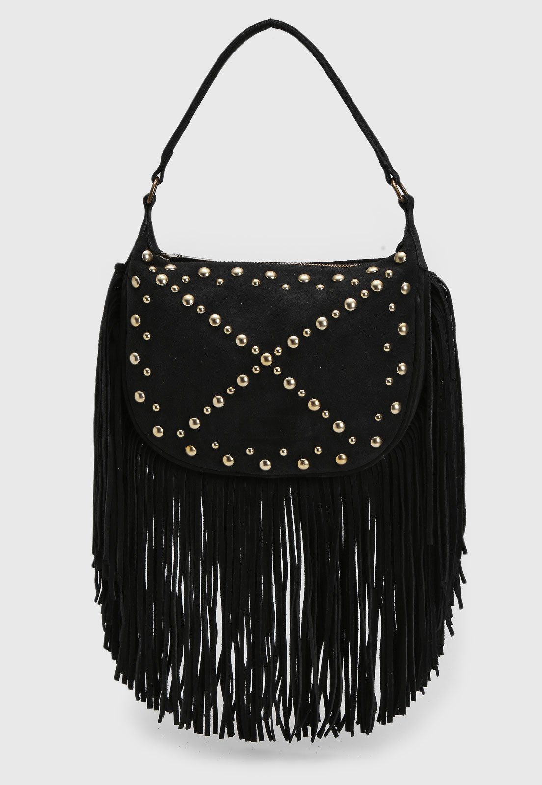 Vista 2 Bolsa Média Luiza Barcelos Franjas Tachas Preta preto preto