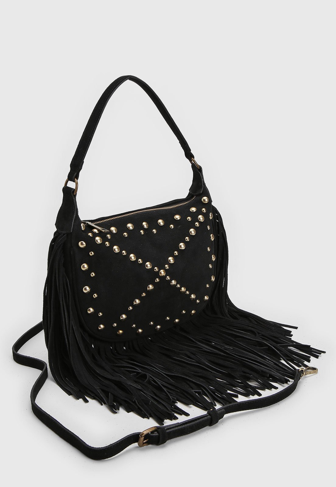 Vista 3 Bolsa Média Luiza Barcelos Franjas Tachas Preta preto preto