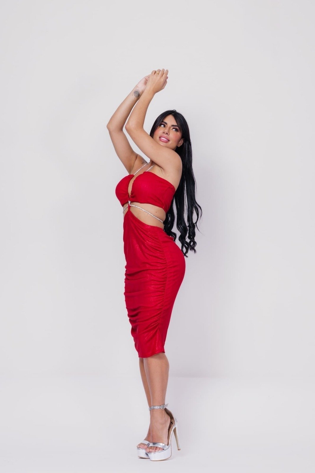 Conjunto Top e Saia Midi Amarração Metalizadado Solange Vermelho