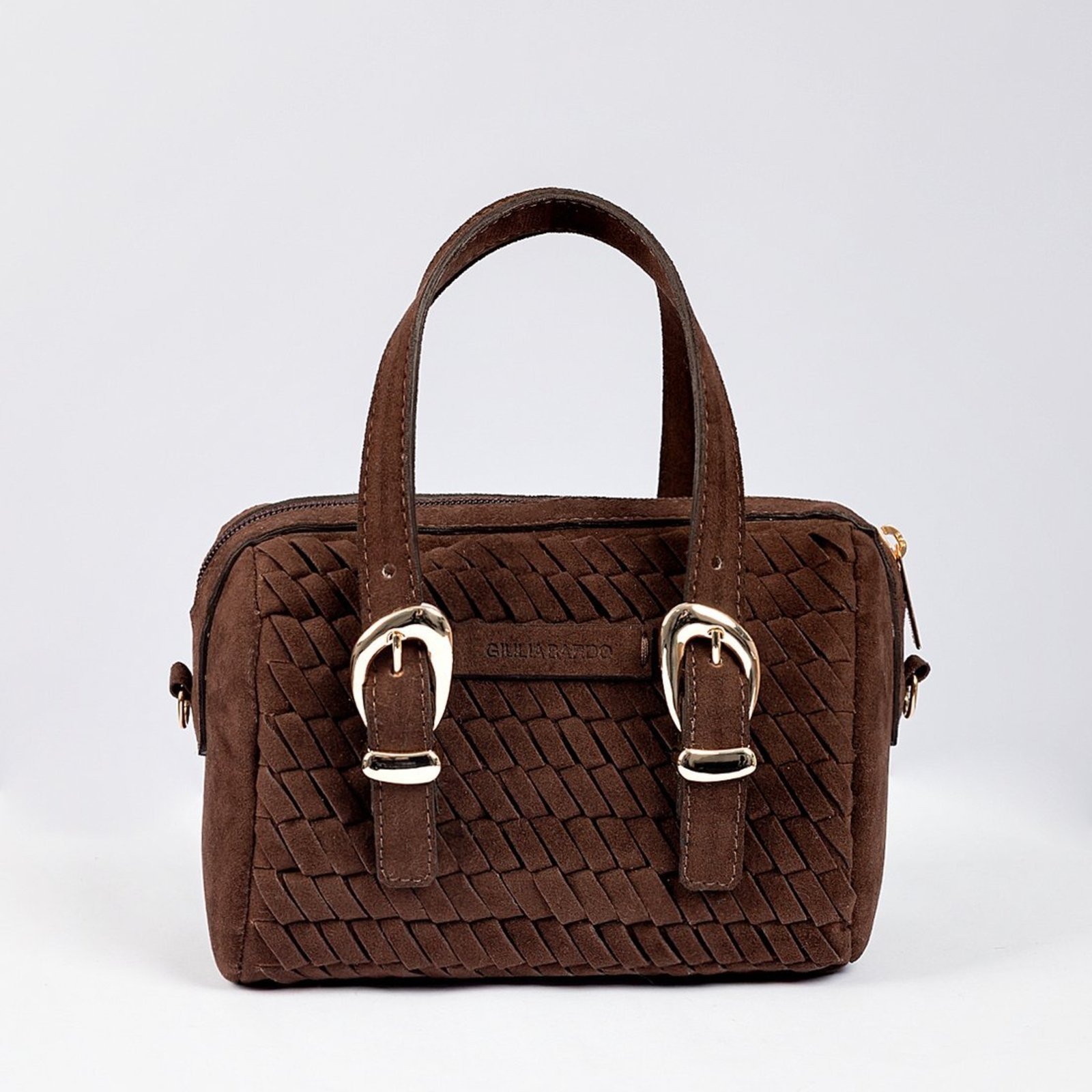 Bolsa Satchel Mia Trançada Tiracolo de Ombro e Mão Pequena Giulia Bardo Marrom Escuro