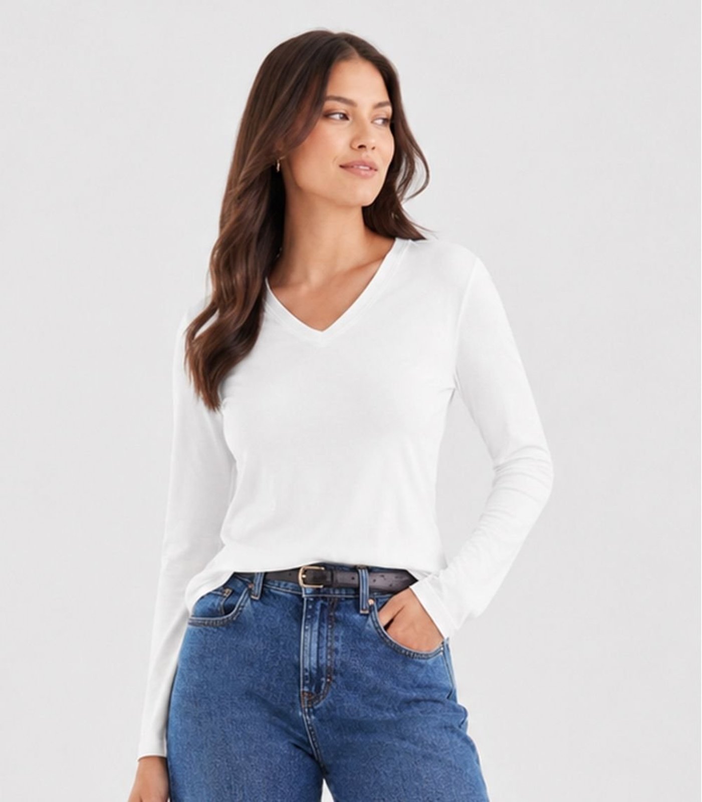 Blusa Feminina Manga Longa Decote V Infinita Cor Branco