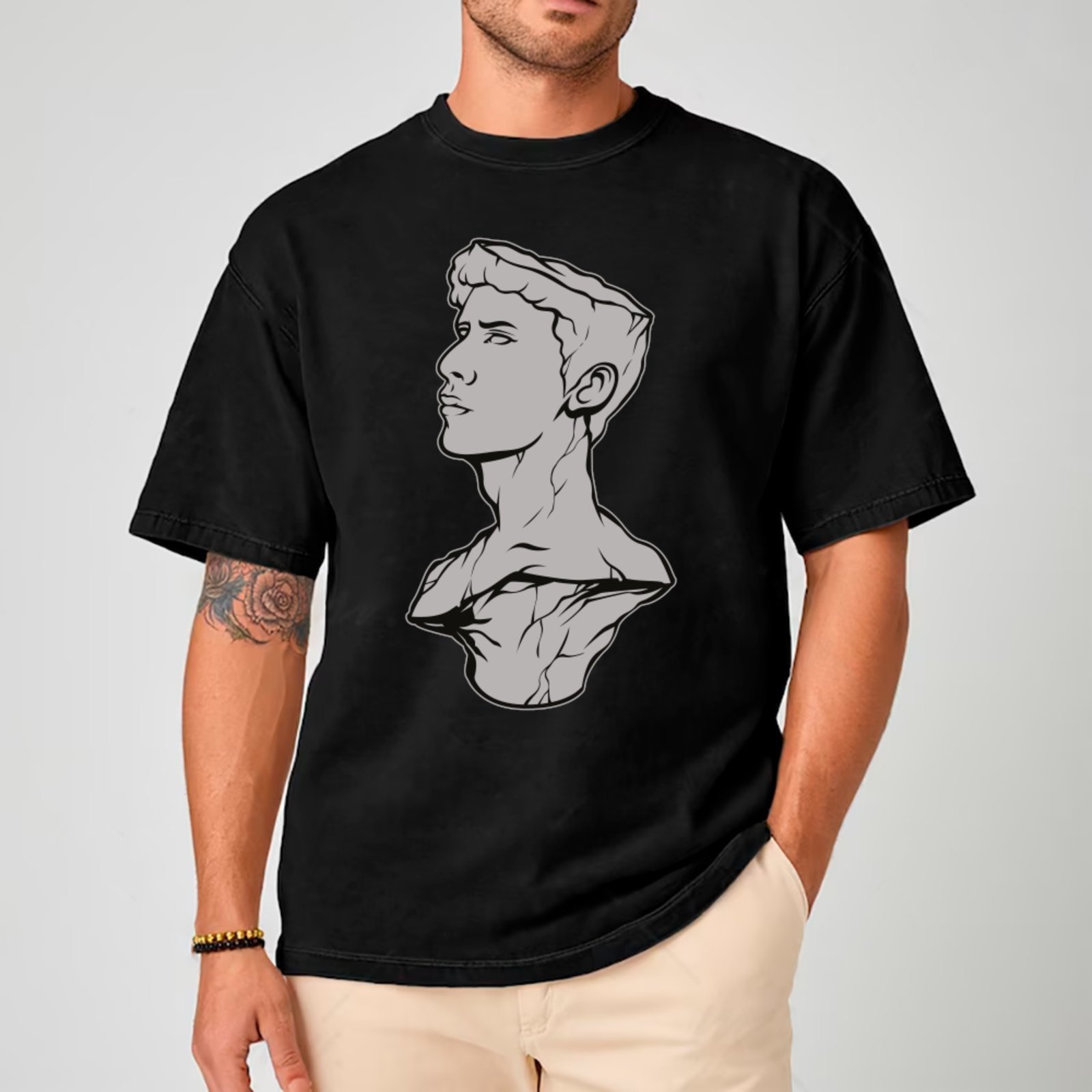 Vista 2 Camiseta Ousy Unissex Estátua Monocromática Estilo Exclusivo Streetwear Oversized preto ousy preto