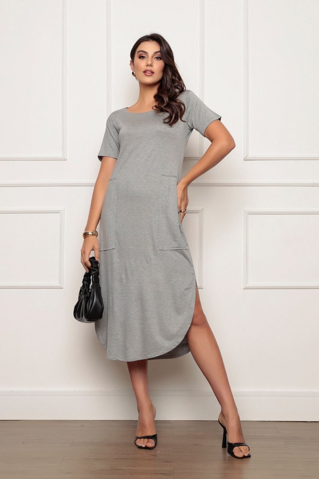 Vestido Midi Malha com Bolsos e Manga com Fenda e Gola Redonda Zipituka Cinza