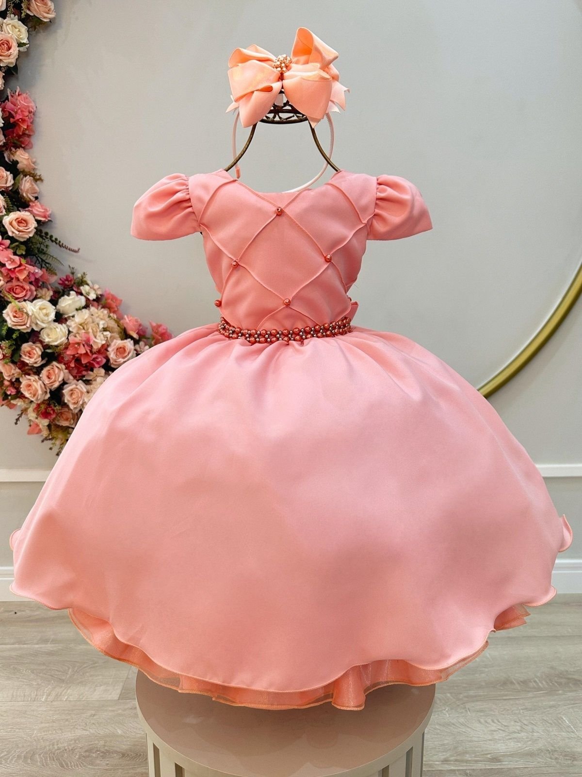 Infantil - Vestido Menina Juvenil Festa Rosa Salmão Pérolas Formatura Casamento Juvenil Princesa Social Rodado Florista Dama Daminha Aniversário Luxo