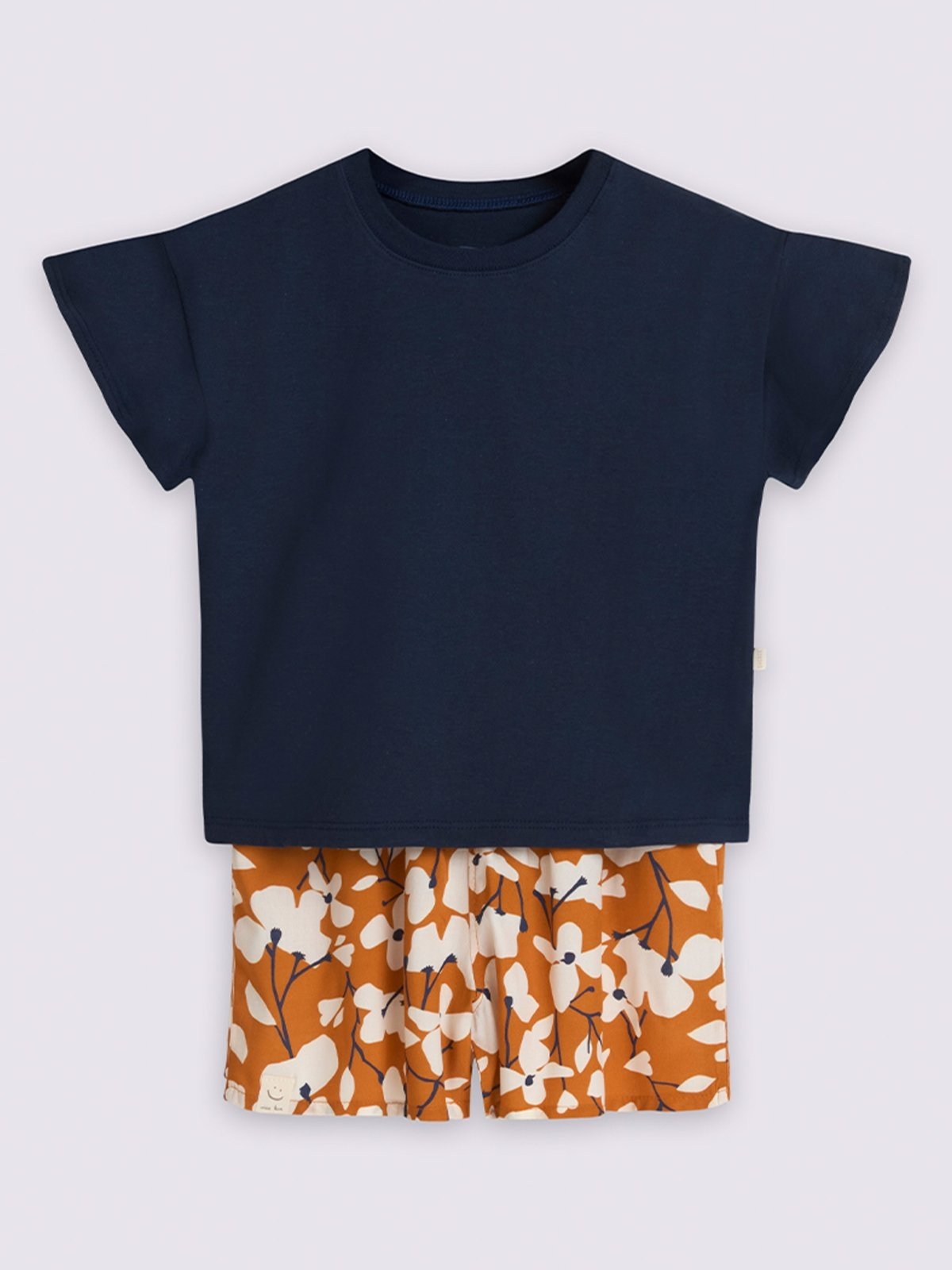 Vista 2 Infantil - Conjunto Menina Bugbee Blusa Lisa Manga Curta Gola Redonda Meia Malha Shorts Estampado Viscose azul marinho/laranja Bugbee azul marinho/laranja