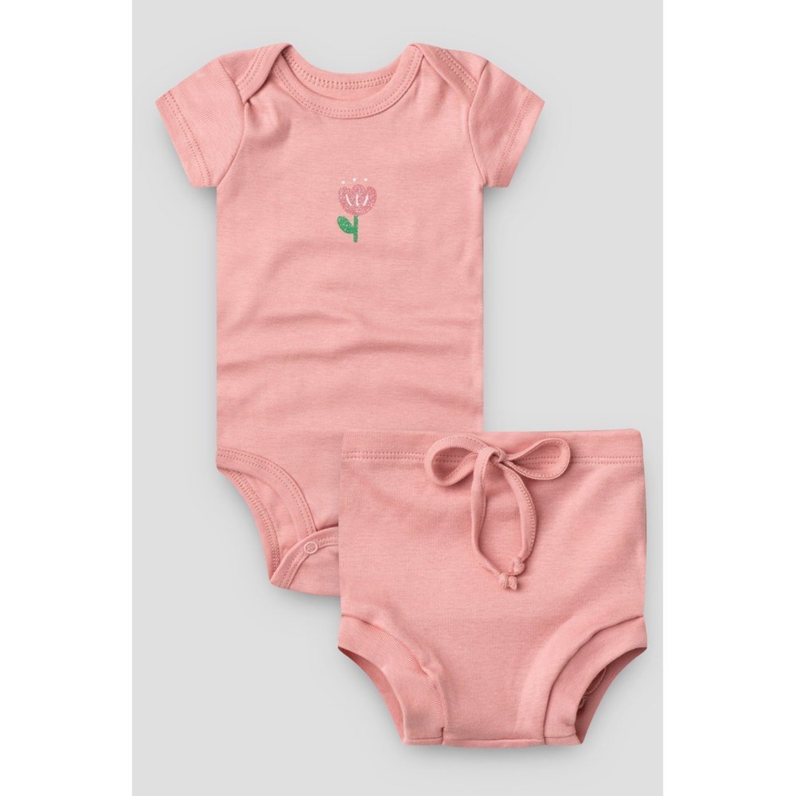 Infantil - Conjunto Body Curto e Tapa Fralda do Papai Rosa Envelhecido Flor Glitter