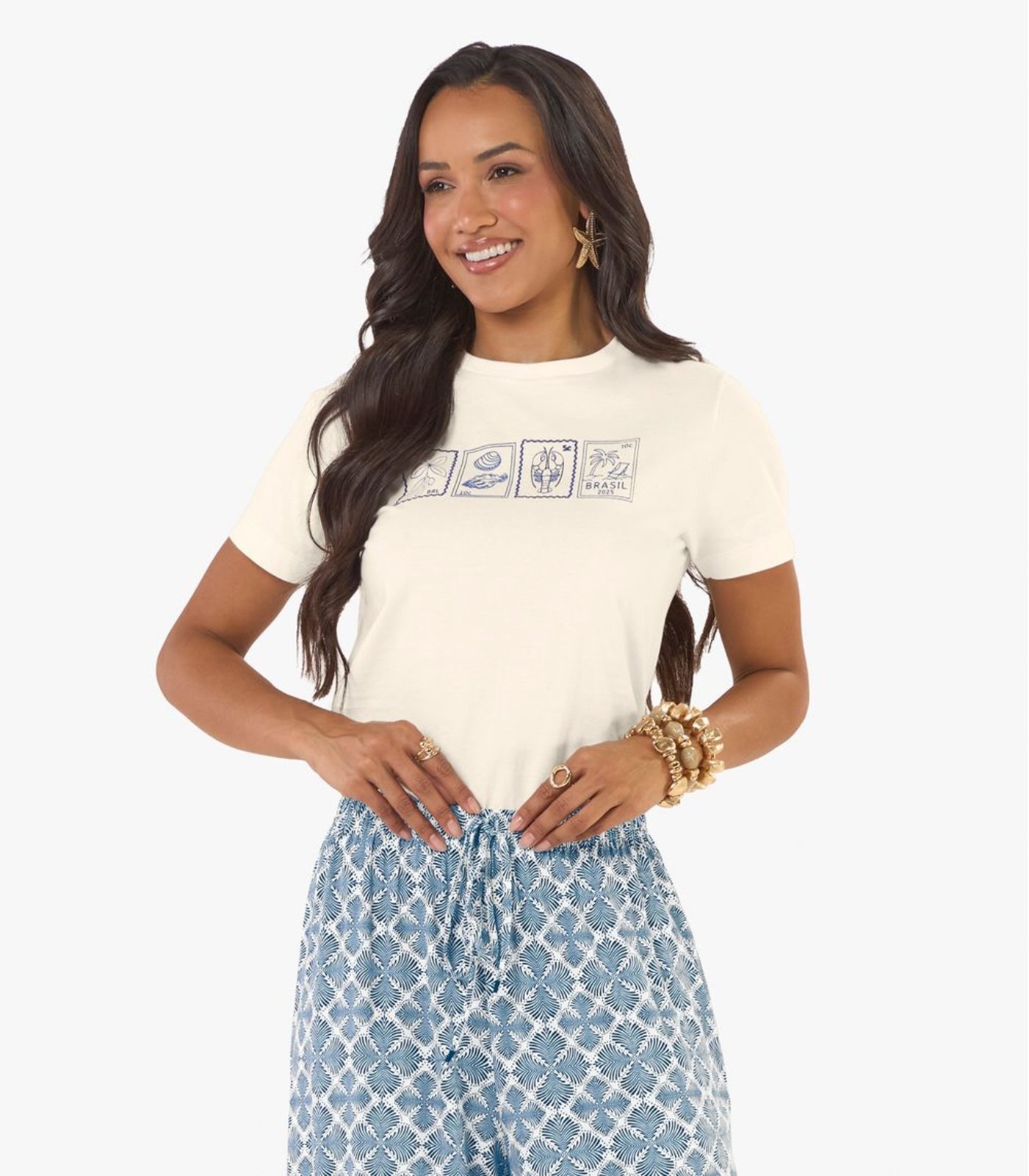 Blusa Feminina Meia Malha Com Estampa Rovitex Bege
