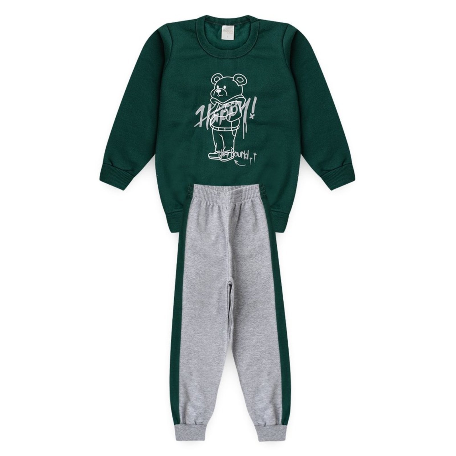 Infantil - Conjunto Inverno Menino Verde Blusão e Calça com Recorte em Moletom Happy Bear