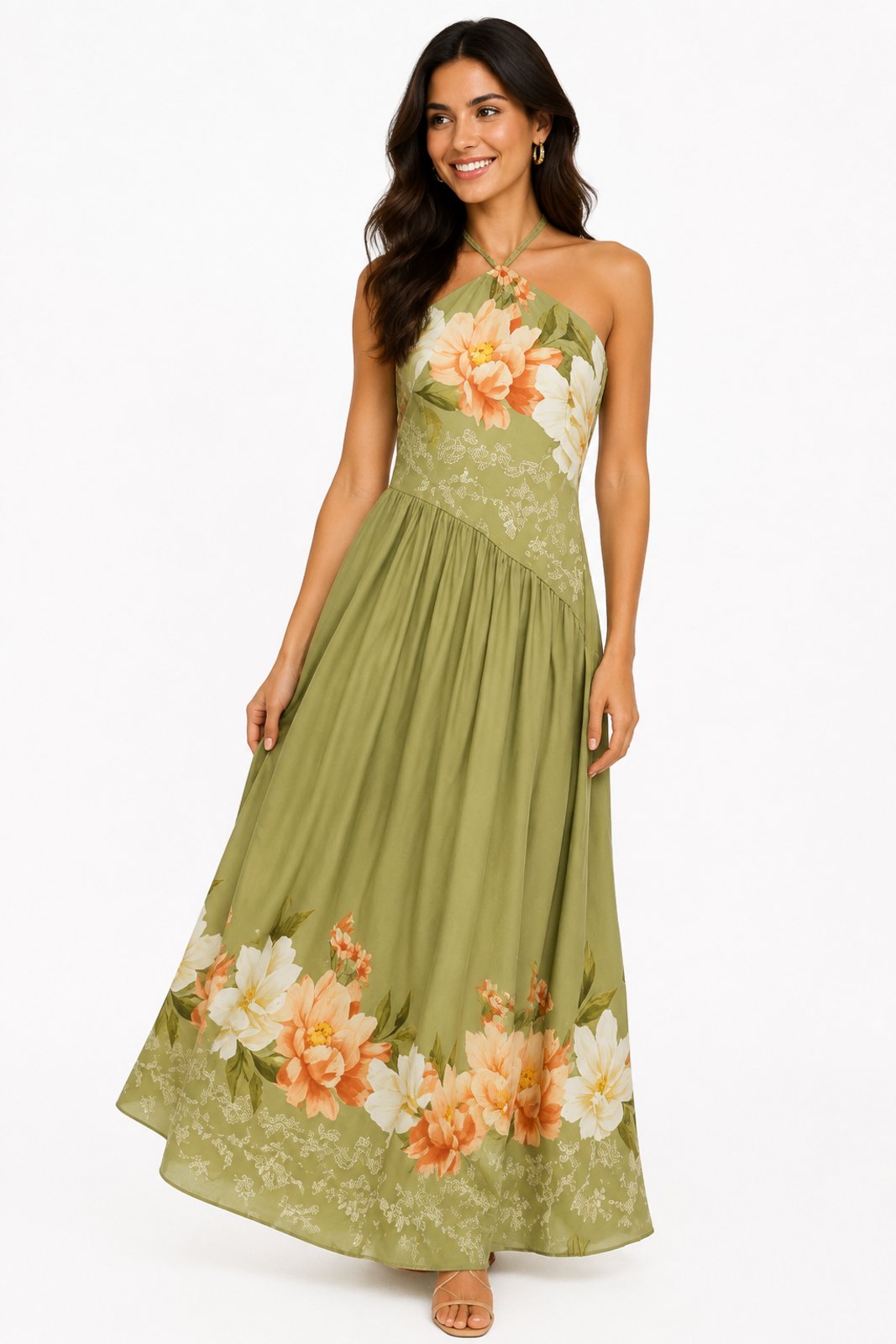 Vestido Longo D Bell Outlet Fashion Decote Halter Floral Verde
