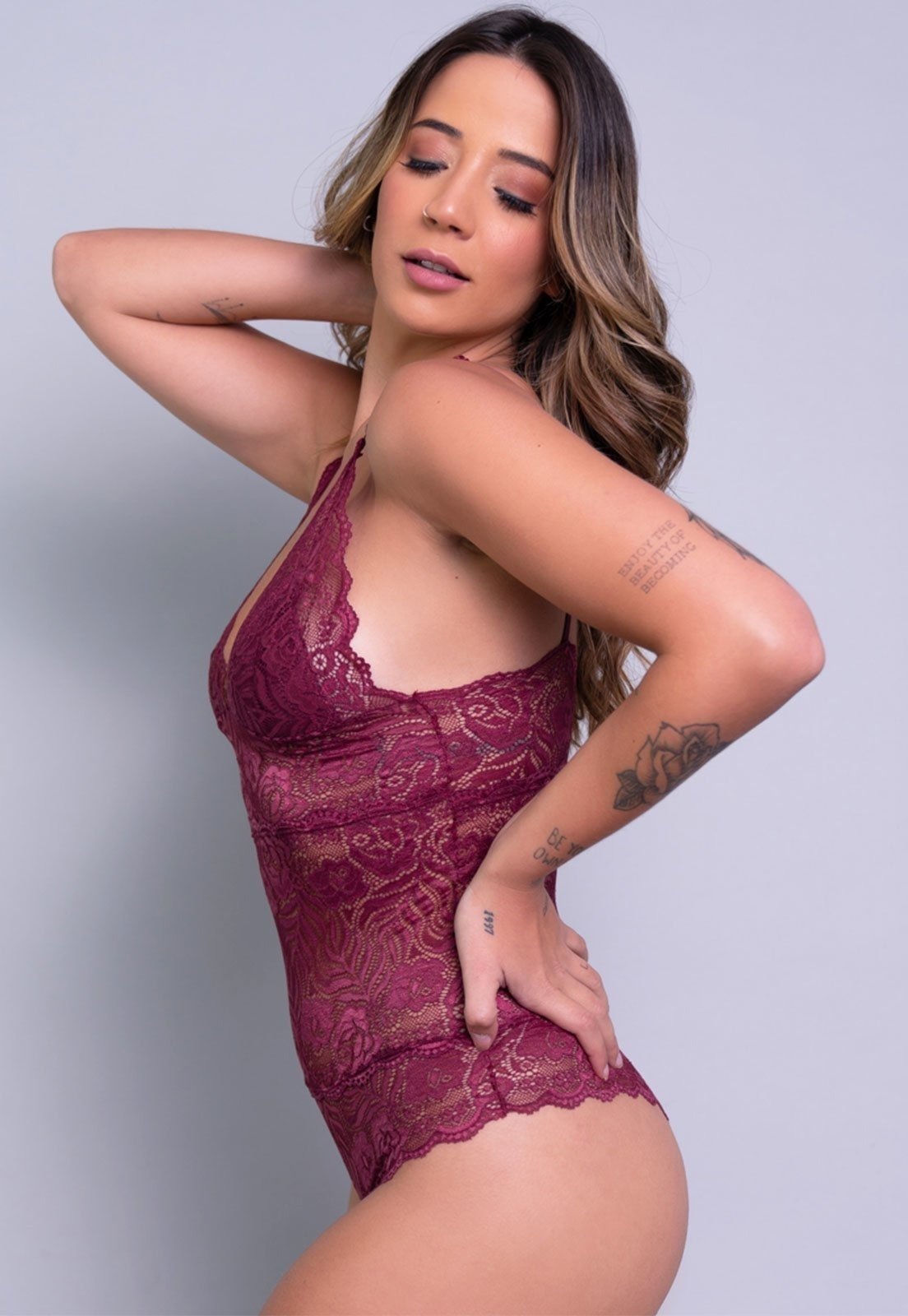Body Feminino Serra e Mar Modas Sexy Renda Transparente Vinho