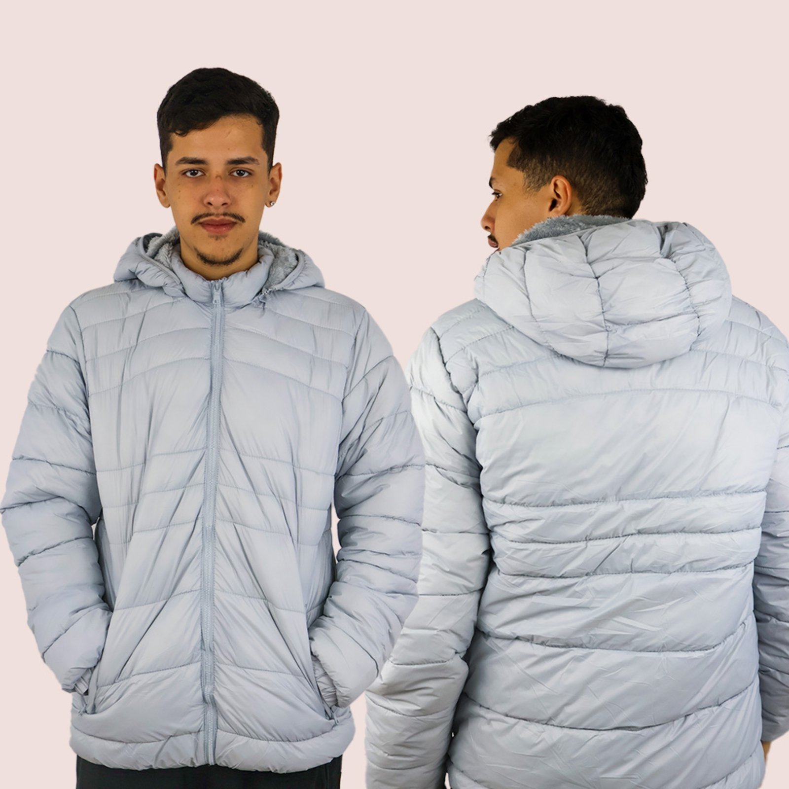 Jaqueta Puffer Impermeável Masculina Com Capuz Removível Cinza