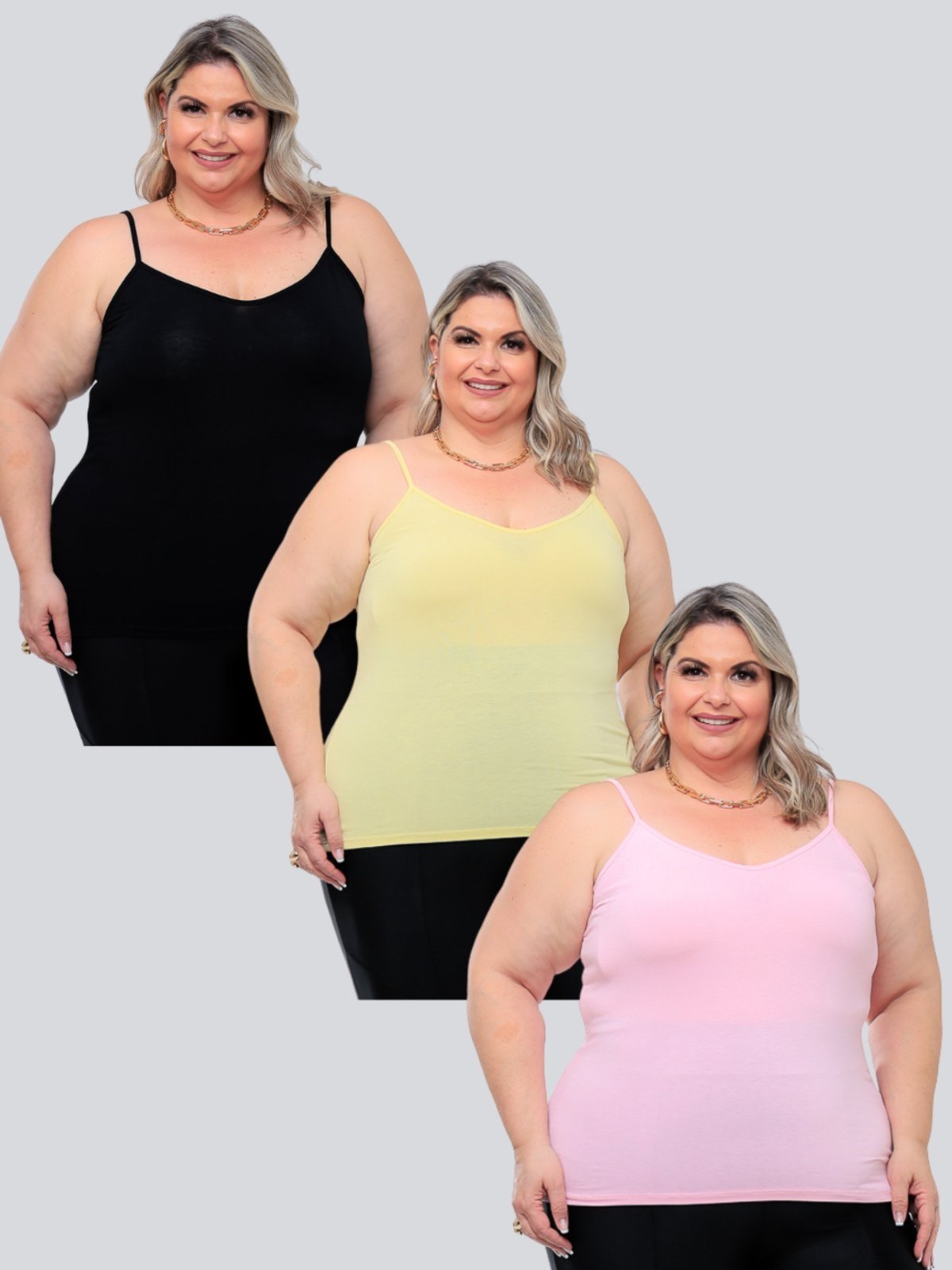 Kit 3 Peças Regata Plus Size Feminina Básica Viscolycra Alcinha Fina Leve estilo Casual GARAIS MODA moda Verão Preto Amarelo Rosa