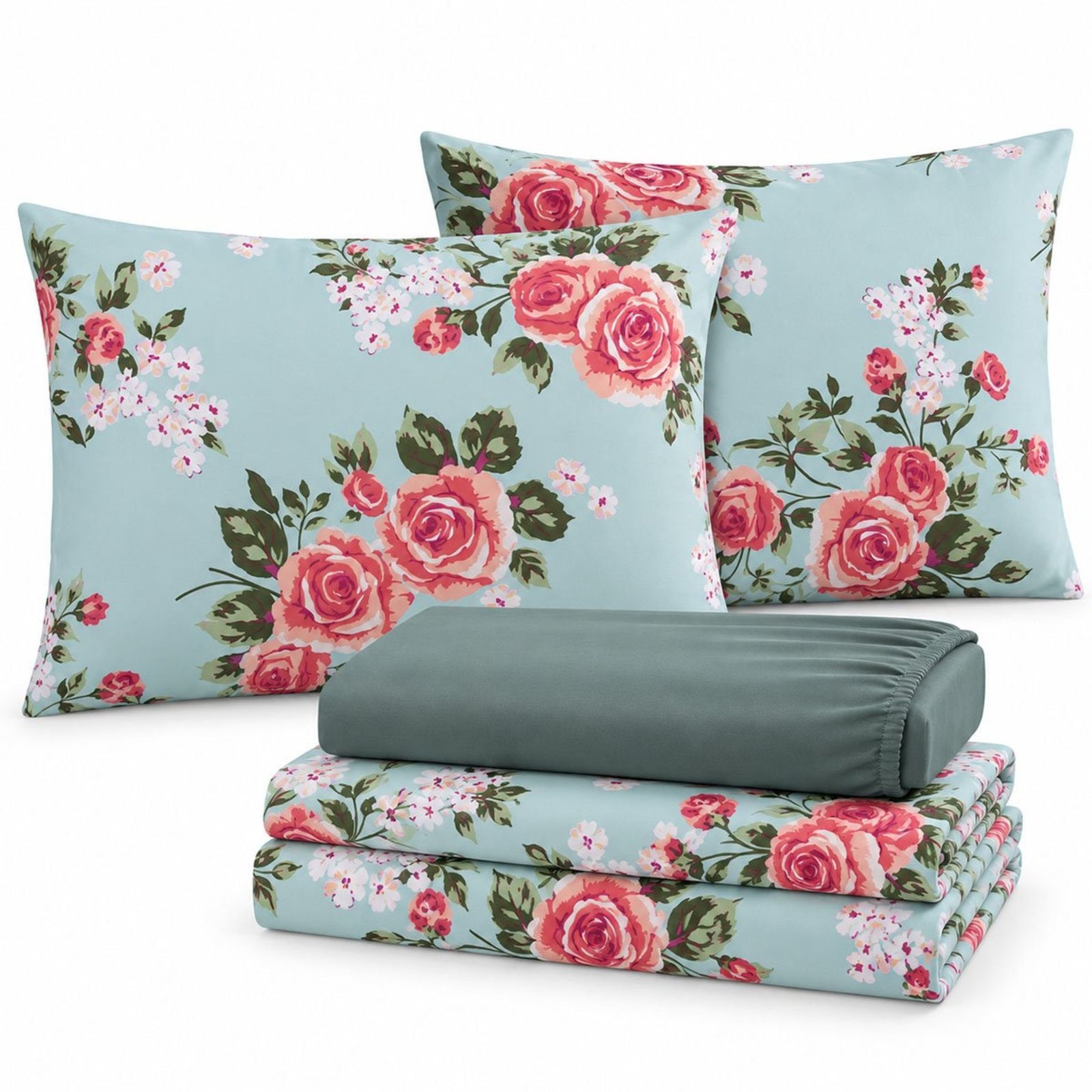 Jogo de Cama Lençol King Lótus Micropercal 400 Fios Estampado Toque Macio 4 Peças Floral Verde