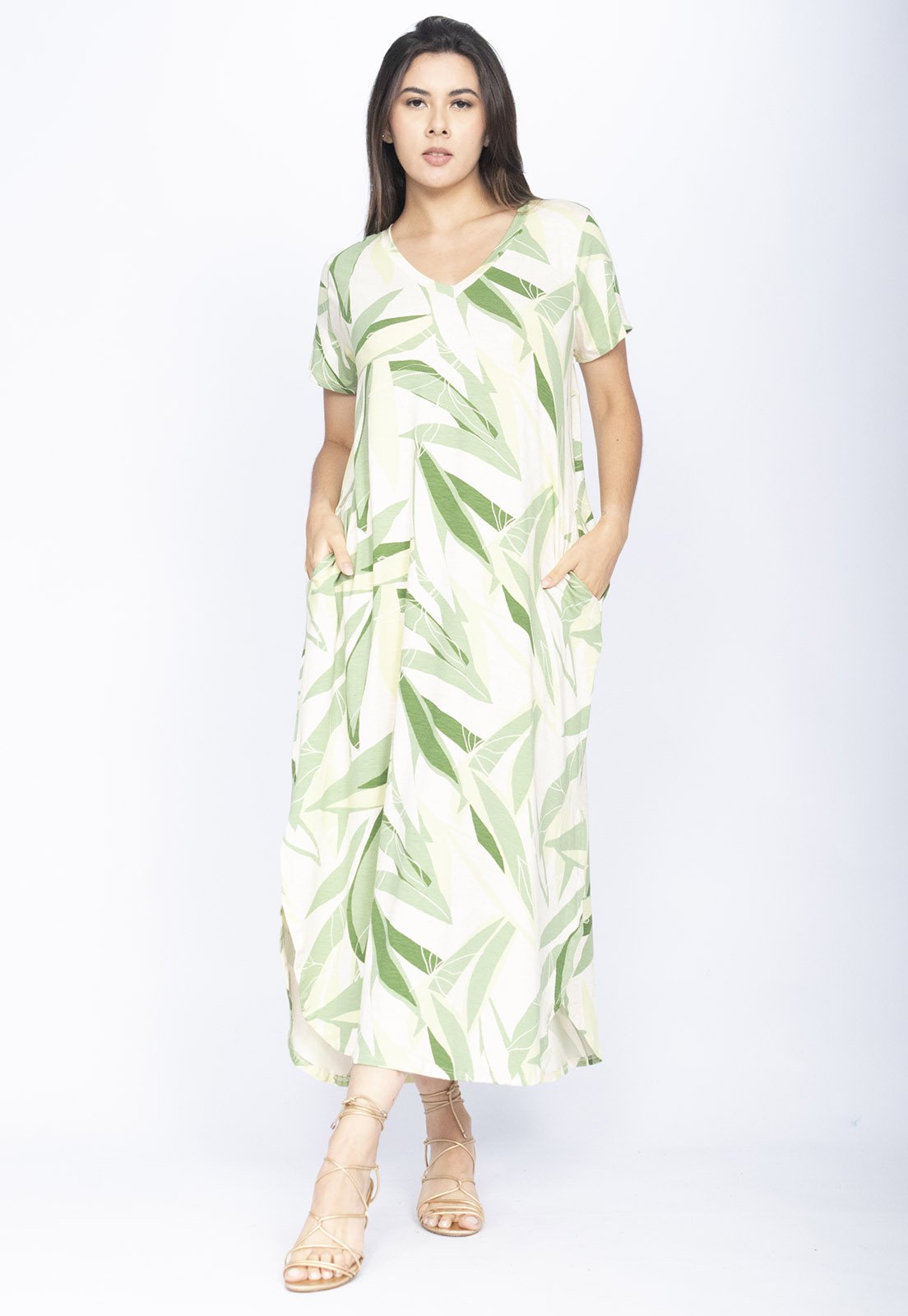 Vestido CabanaFree Midi Abapã Malha com Bolso Estampa Verde Selvagem