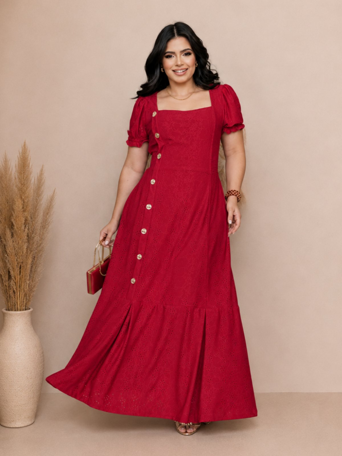 Vestido Longo Malha Lese com Manga Curta Bufante Botão Decote Quadrado Social Vermelho