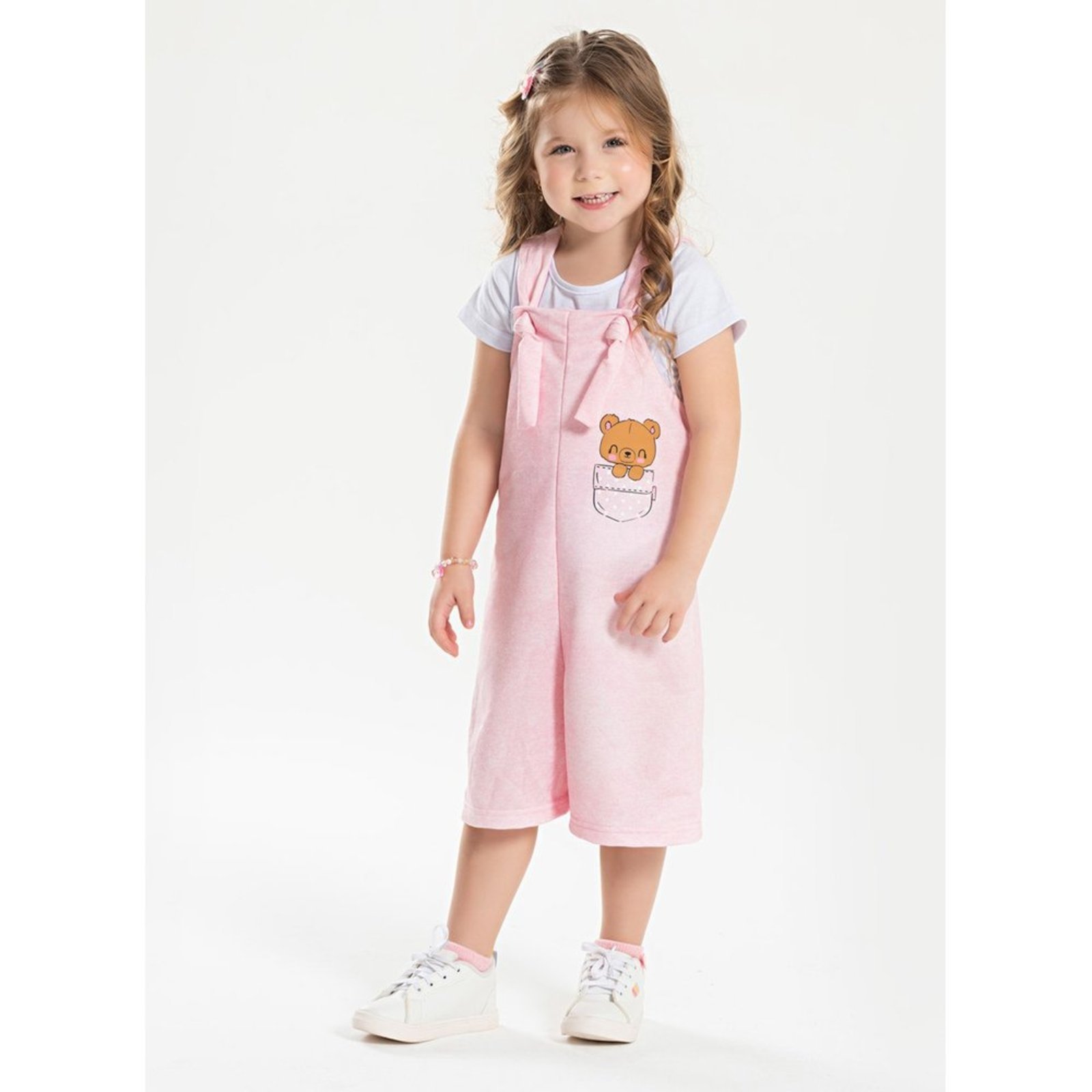 Infantil – Conjunto Verão Menina Rosa Blusa e Macaquinho Ursinho no Bolso