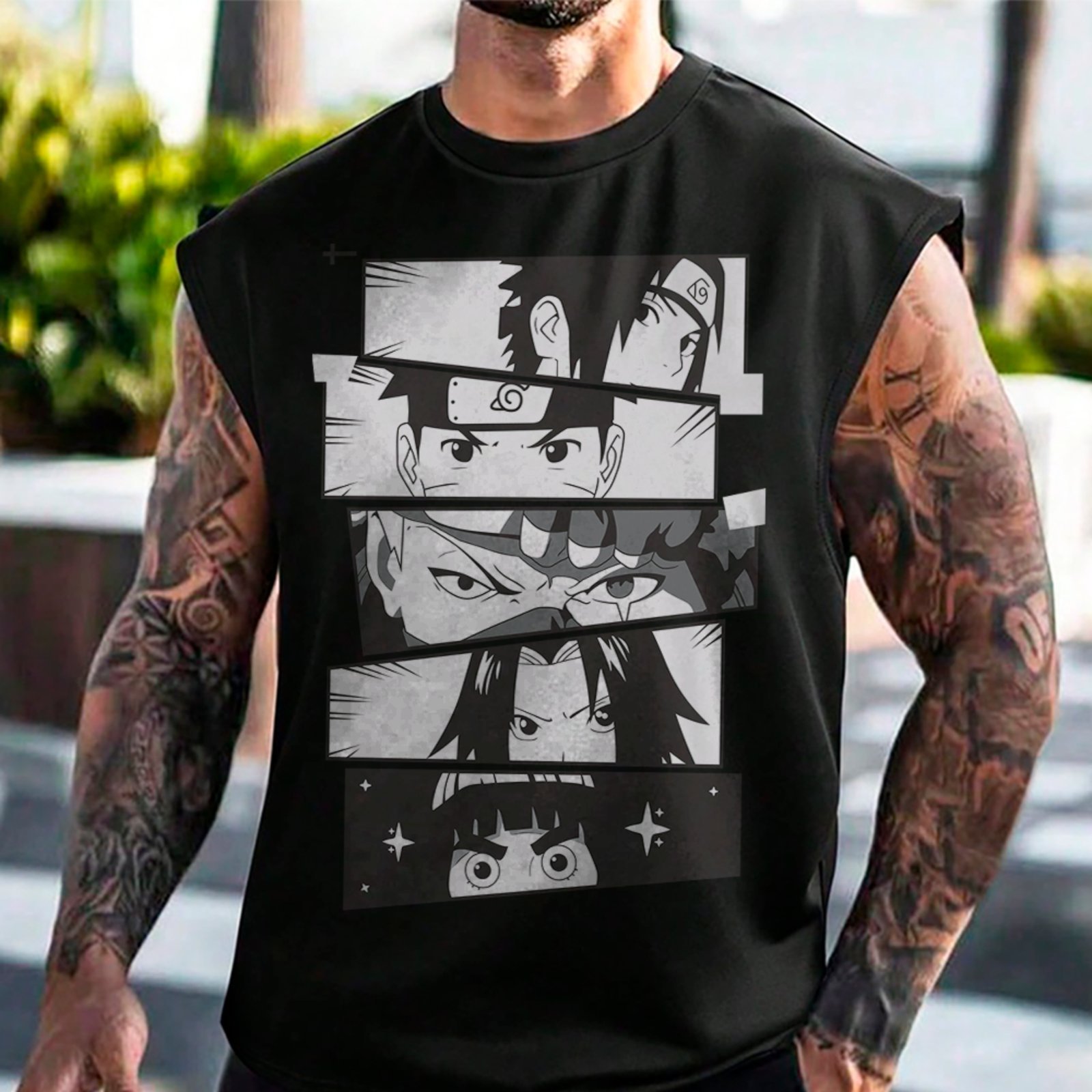 Camiseta Regata Machão Naruto Shippuden Ninjas Aldeia da Folha Masculina Preto