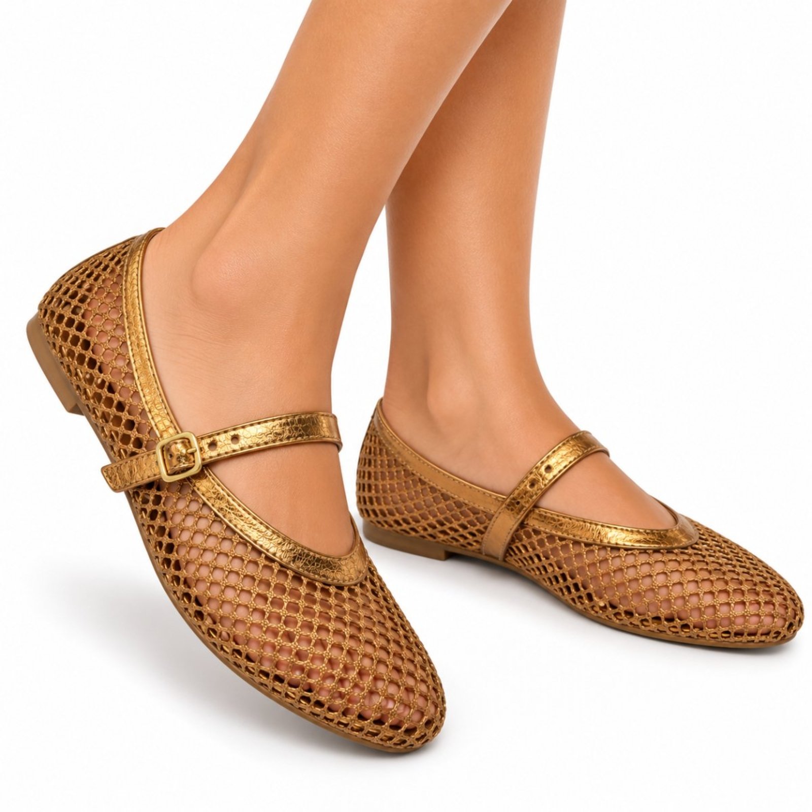Sapatilha Boneca Flor da Pele em Tela Vazada Tira Com Fivela 5400 Bronze
